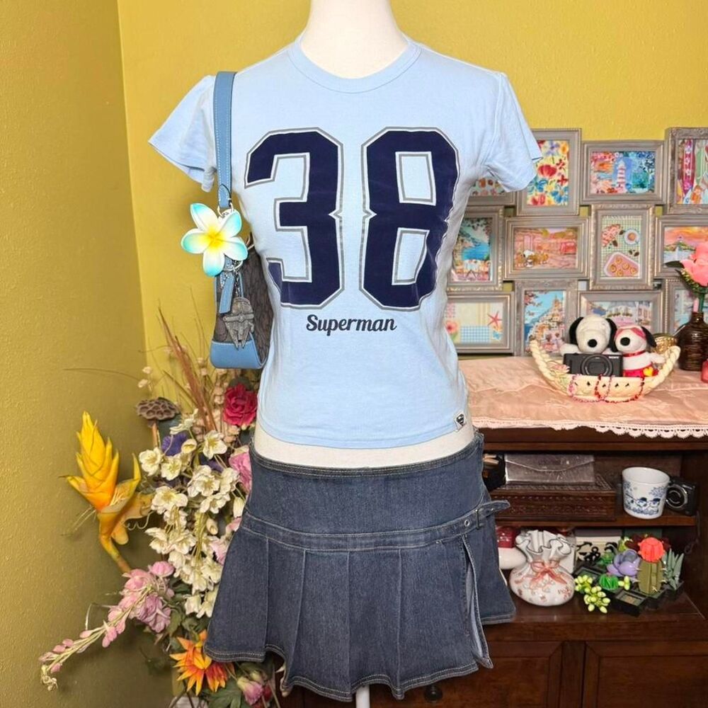 Superman Light Blue Graphic Top Velvet Number Detail Women’s Tee